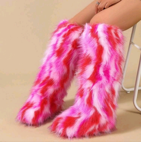Shoes - Winter Fluffy Lining High-Top Warm Snow Boots, Round Toe Faux Fox Fur Tall Boot